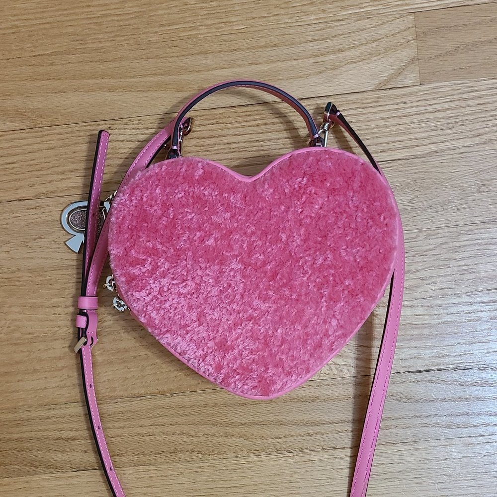 Kate Spade Love Shack Faux Fur Pink Heart Clutch Crossbody Purse and Keychain